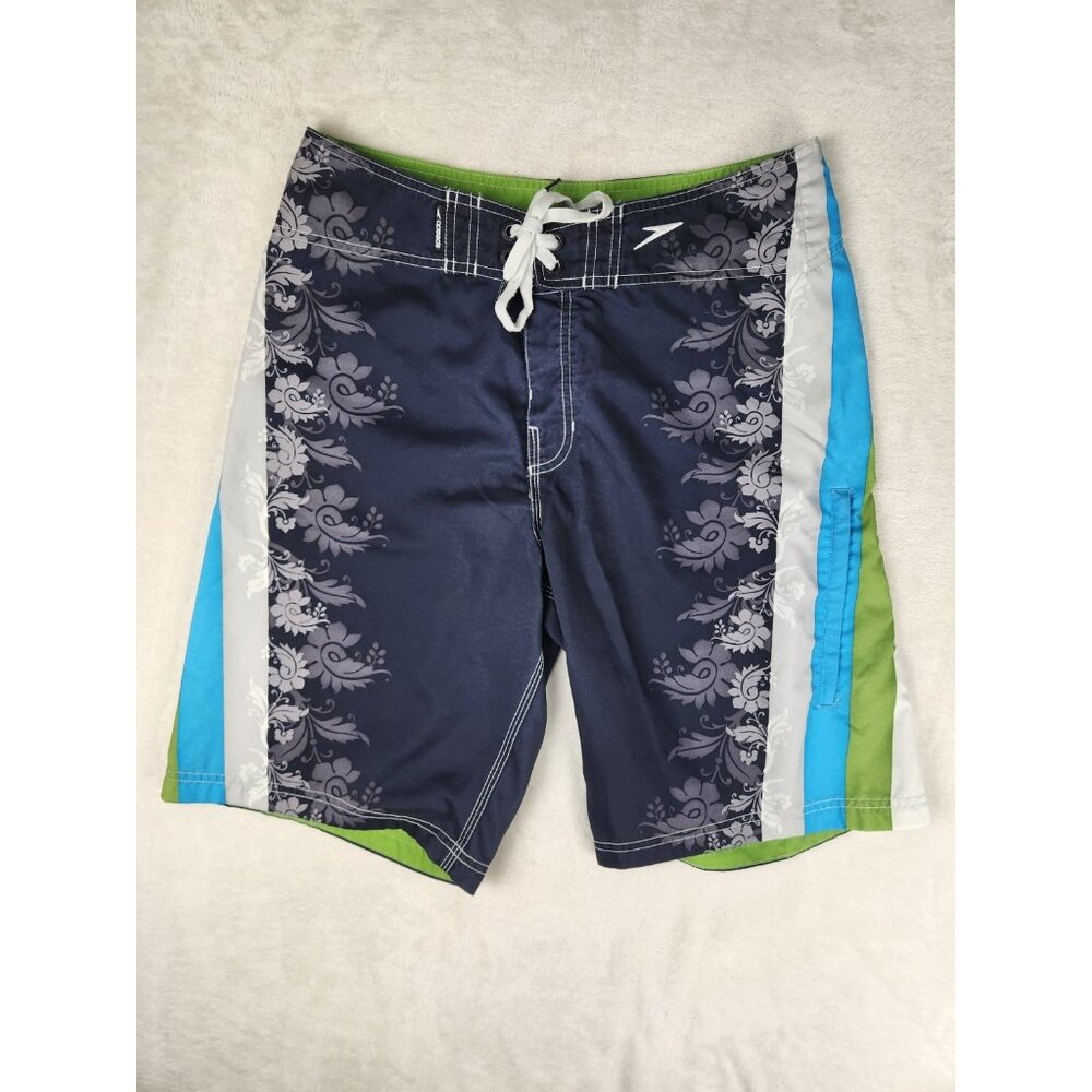 Men's Speedo Board Shorts Swim Trunks‎ Blue Floral Men's Side Pockets Size 32